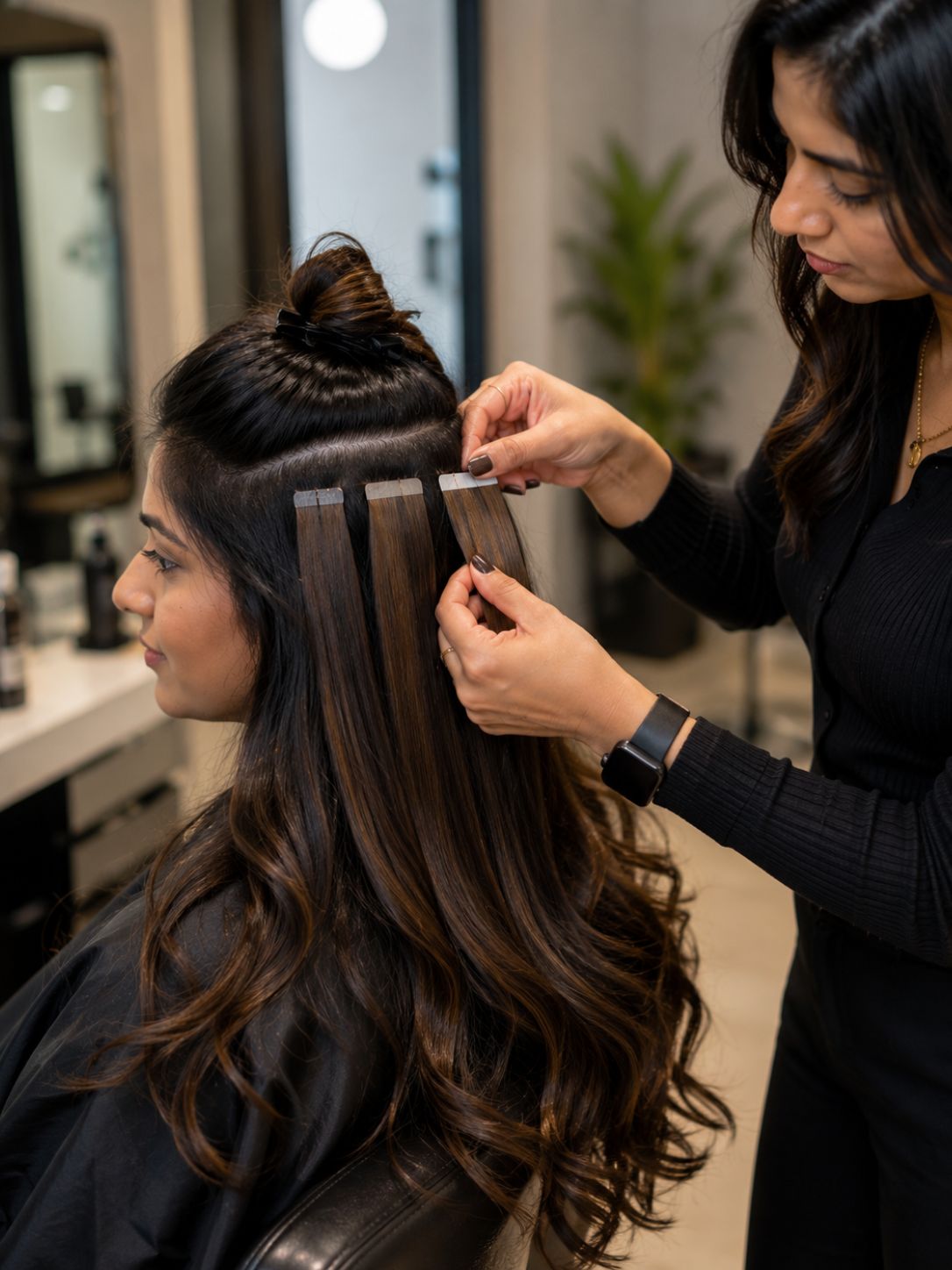 Seamless tape-in extension application for an Indian woman