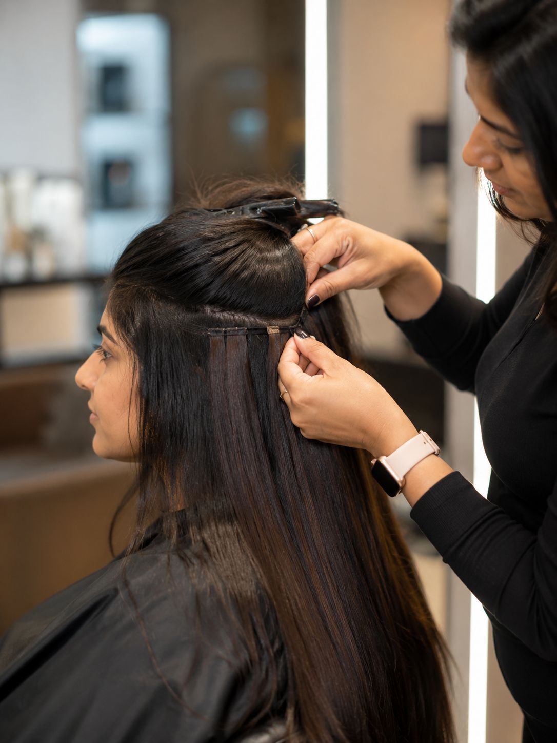 Professional weft extension application on Indian hair